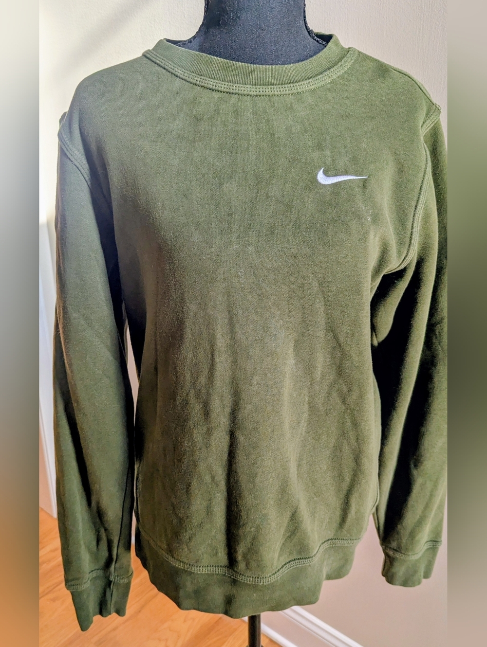 Nike Men's Olive Crewneck Sweatshirt with White Swoosh